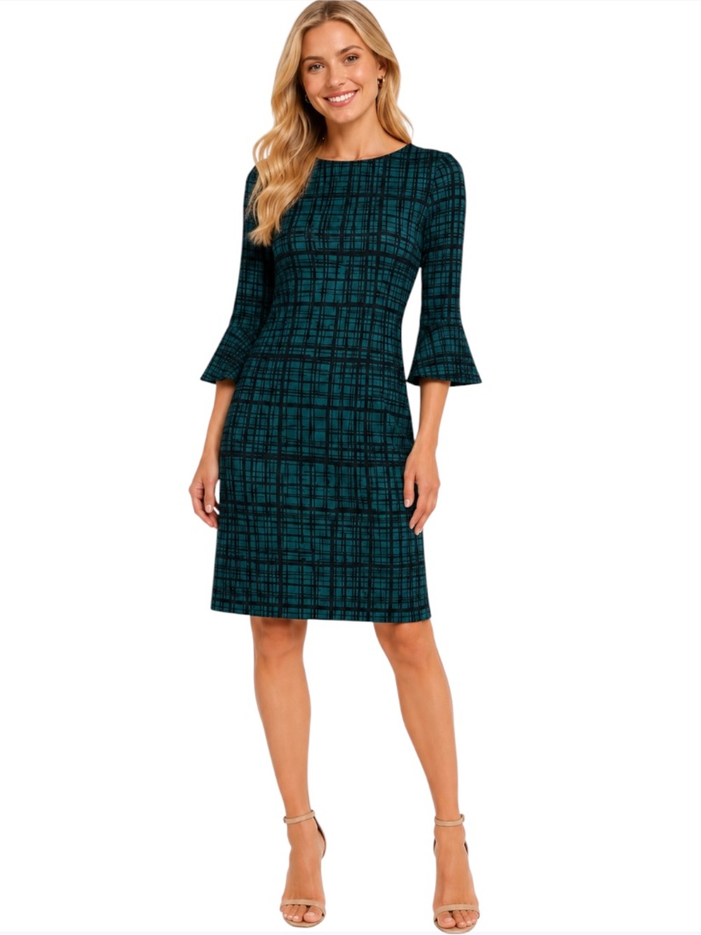 Liz ClaibornePlaid Bell Sleeve Dress Size 4 Green Office Classic